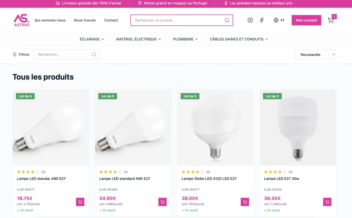 Catalogue de produits du site Astrad avec filtres, prix et disponibilité en stock