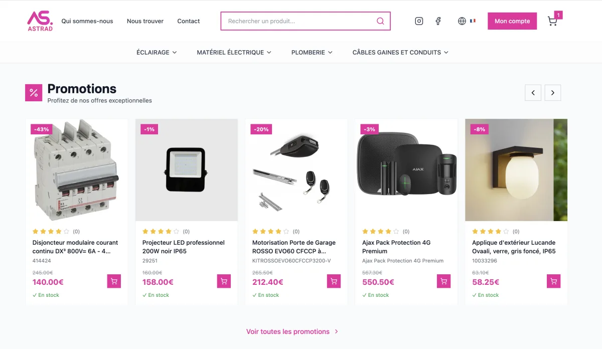 Page promotions du site Astrad avec produits en réduction et badges promo