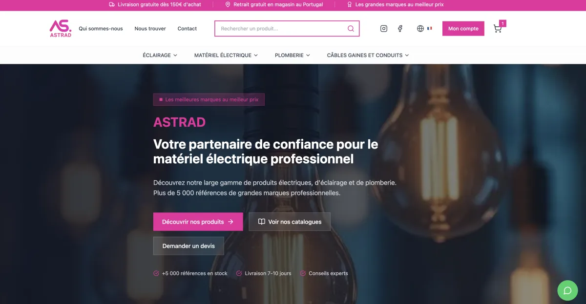Page d'accueil du site e-commerce Astrad, fournisseur de matériel électrique professionnel