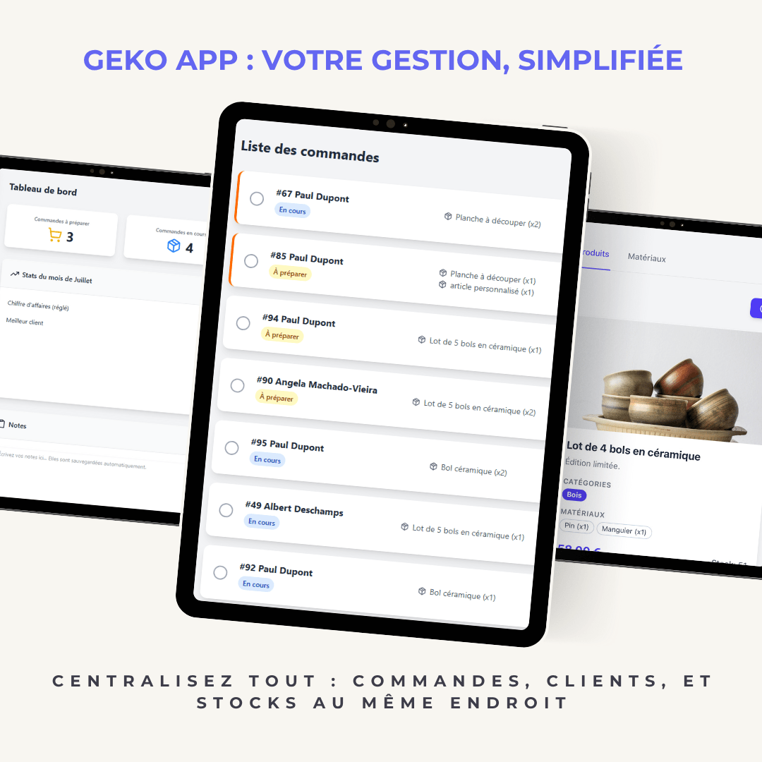 Composition d'écrans montrant Geko App sur tablette et mobile