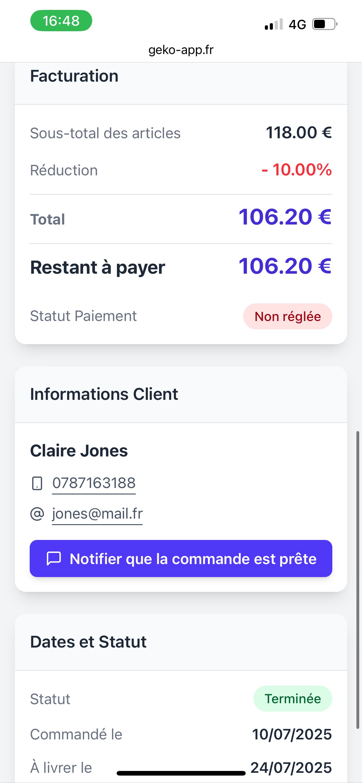 Exemple de la partie facturation d’un détail de commande