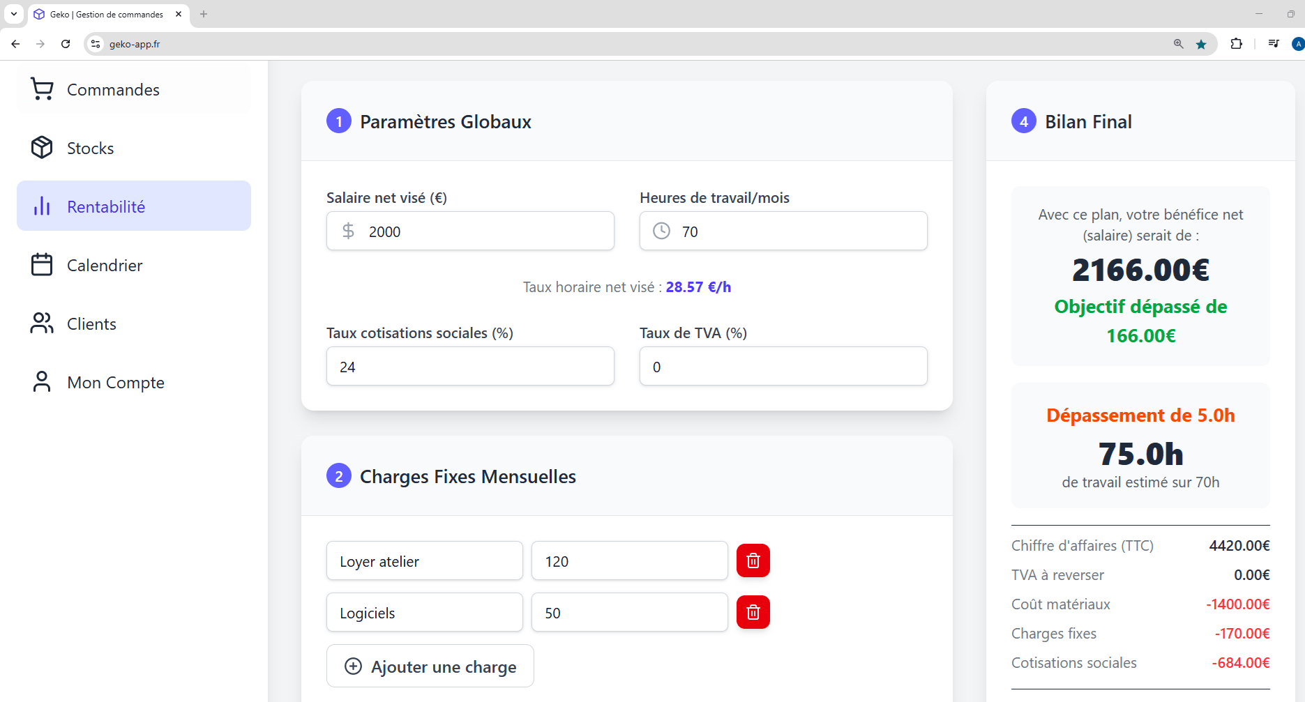 Interface du Planificateur de Rentabilité de Geko App