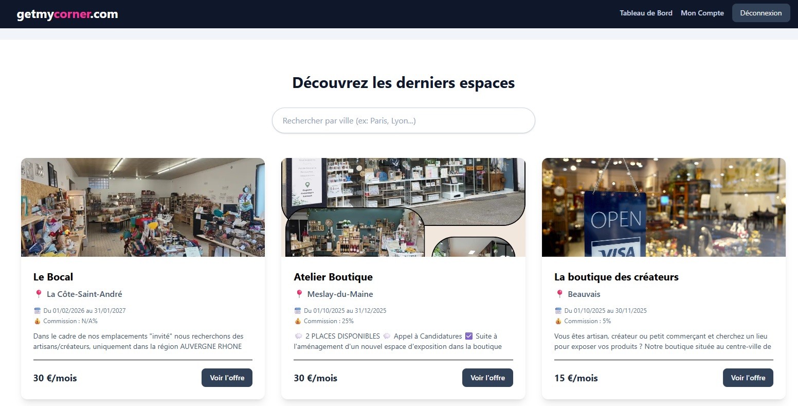 Capture d'écran de la plateforme GetMyCorner